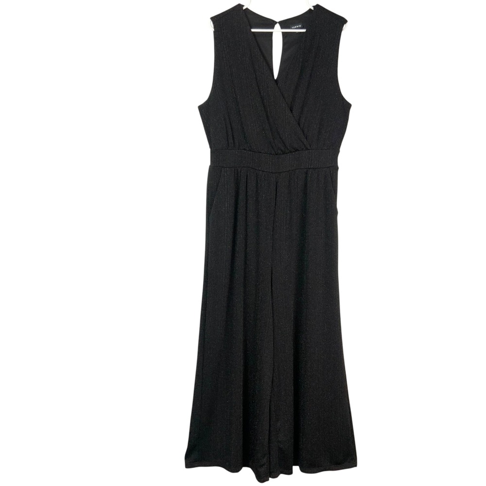 Torrid Black Metallic Jumpsuit 1X Pull On V-Neck Sleeveless Keyhole Back Pockets